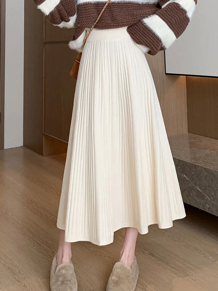 Sweet Vintage Knitted Long Skirts Women Preppy Style High Waist Loose A Line Skirts Fall Winter Retro Simple Elegant Long Skirts