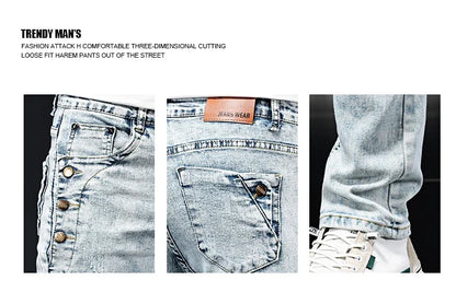 Slim Skinny Jeans Men New Elastic Korean Design Fashion Multi-Button Blue White Vintage Wash Cotton Stretch Denim Pants Trousers.