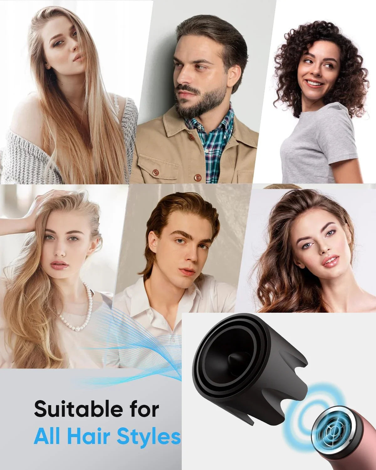 1400W pure original high-power hair dryer, dries hair quickly, lightweight body, low noise, comes with various types of nozzles.