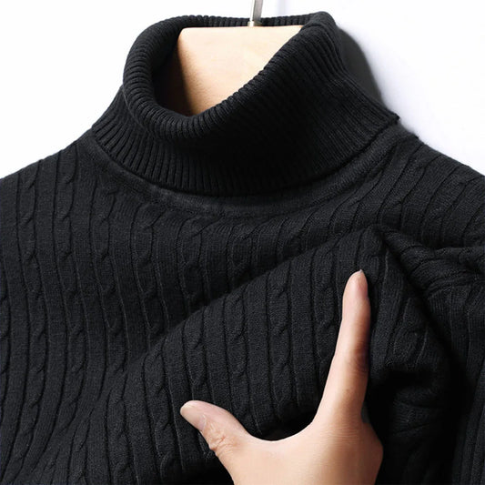 Autumn Winter Men's Turtleneck Sweater Warm Slim Fit Knitted Pullover Jacquard Striped Cozy Soft Knitwear Basic Style.