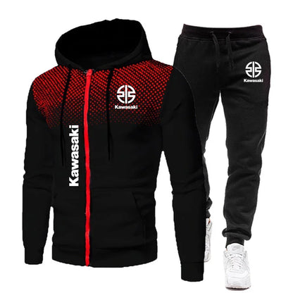 Kawasaki Logo Motorcycle Racing Men's Polka Dot Hoodie Set Fashion Men's Zipper Sports Set Sports Set.