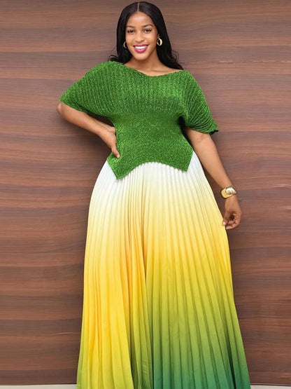 Women Plus Size Gradient Color Long Skirts And Tops Pleated 2 Piece Outfit Luxury Dubai Prom 2025 Casual For Female Fashion Sets.