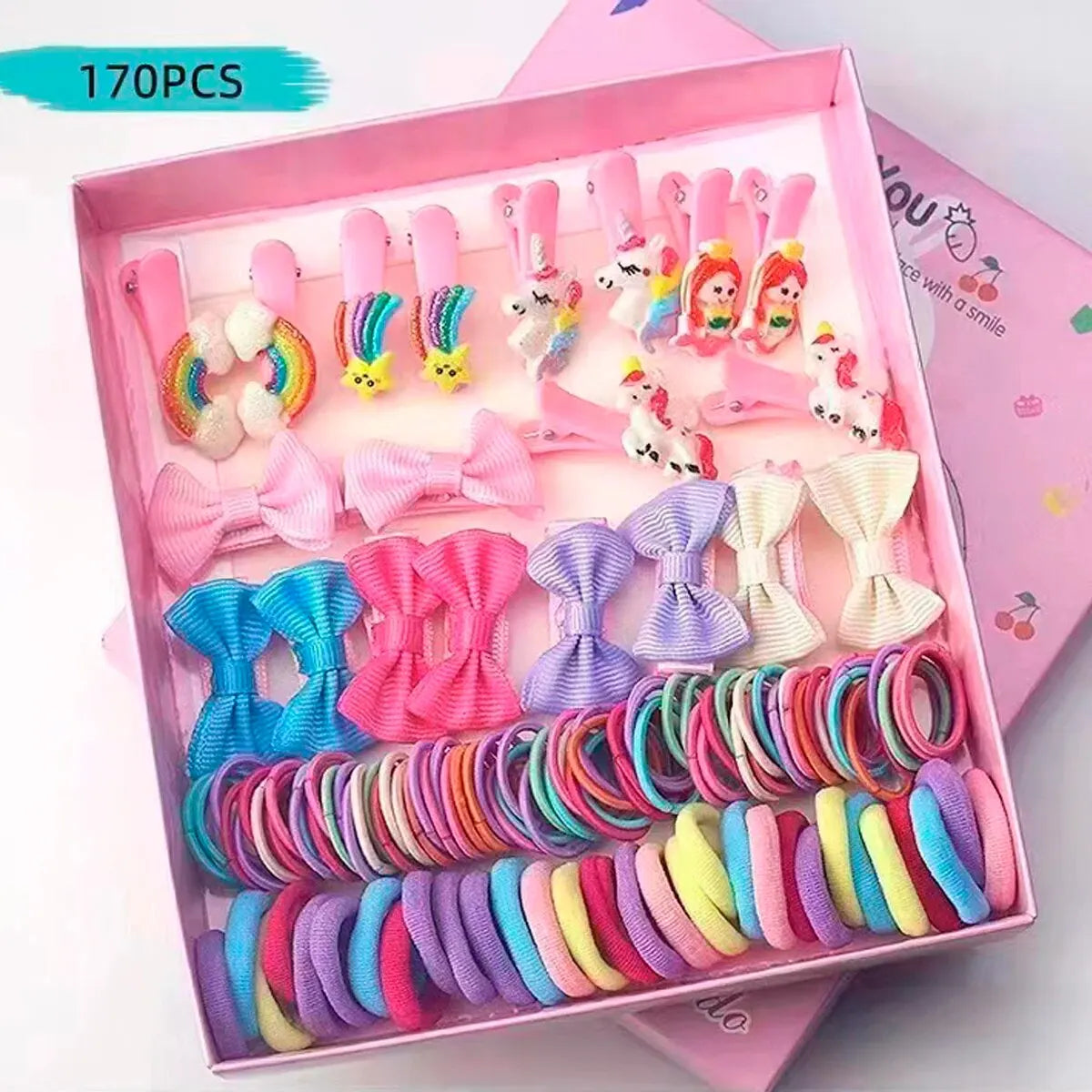 170pcs Children's Accessories Hair Clip Hair Card Princess Hair Rope Gift Box Side Clip Hair Accessories Combination Set.