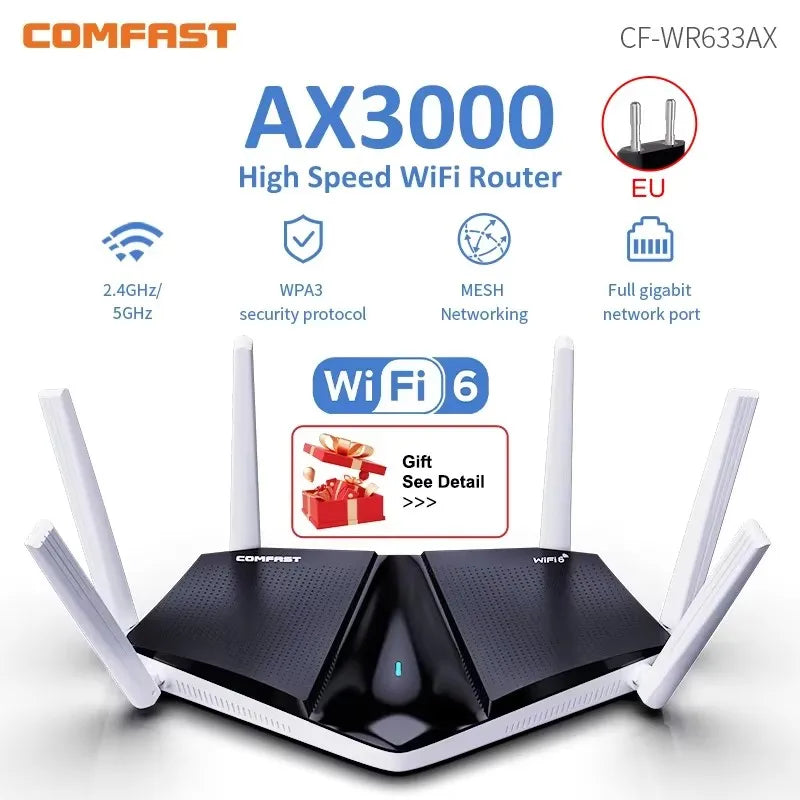 COMFAST AX3000 WIFI6 5GHz Mesh Wifi Router MU-MIMO Full Gigabit Wi-fi Coverage 6 Antennas Network Extender Amplifier for Home.