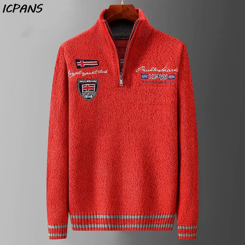 Autumn Sweater Male Shark Clothing Cotton Wool Jumpers Pullover Coats Jacquard Christmas Knitted Half Turtleneck zip.