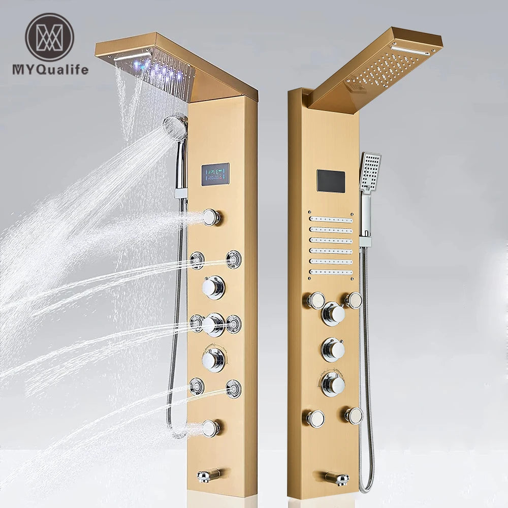 Golden Shower Panel LED Light Bathroom Bath Shower Column Tower Digital Screen Waterfall Rain shower Mixers Rotate Massage Jets