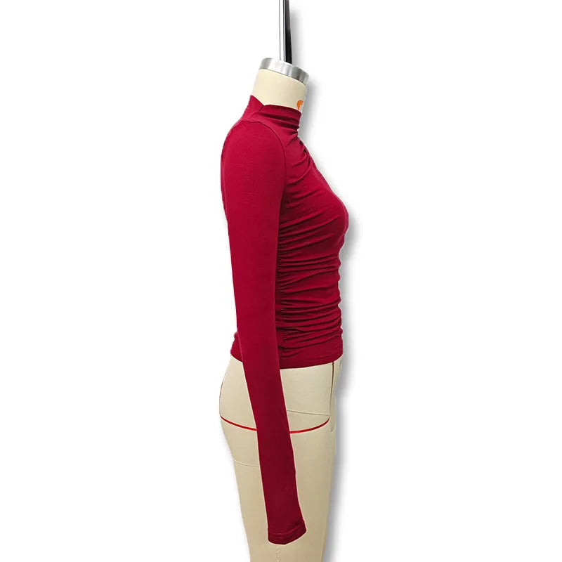 2025 Autumn Solid Color Folds Turtleneck Slim T Shirt Women Long Sleeves Bottoming Shirt Ladies Tee Shirt Tops Camisetas Mujer