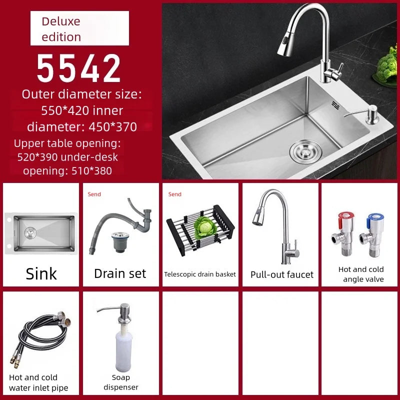 Stainless Steel Kitchen Sink Transversal Side Holes Large Size Single Slot Household Cafeteria Dish and Wash Vegetable Basin