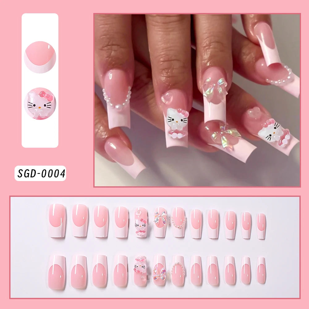 24Pcs Long Square Pink Hello Kitty False Nails French Wearable Full Cover Fake Nails Kitty Cat Bow Heart Design Press On Nails.