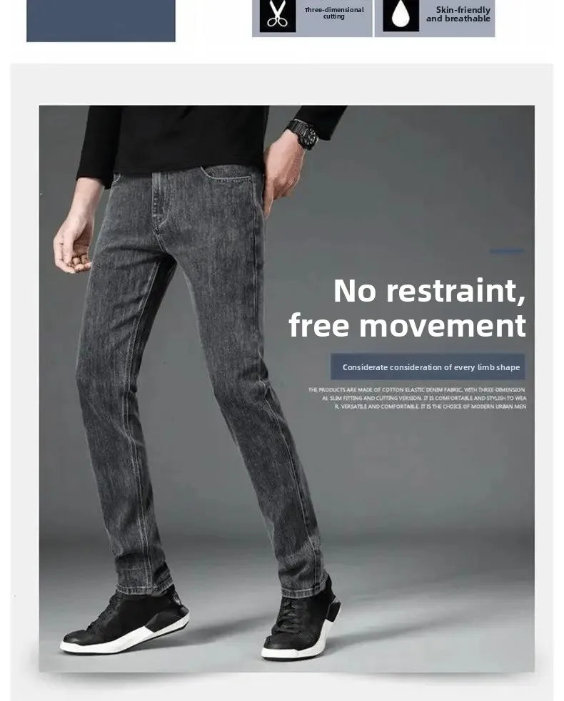 Loose Casual Jeans for Men Mid-aged Thick Winter Long Pants Business Style Straight Leg Spring Autumn Korean Version.