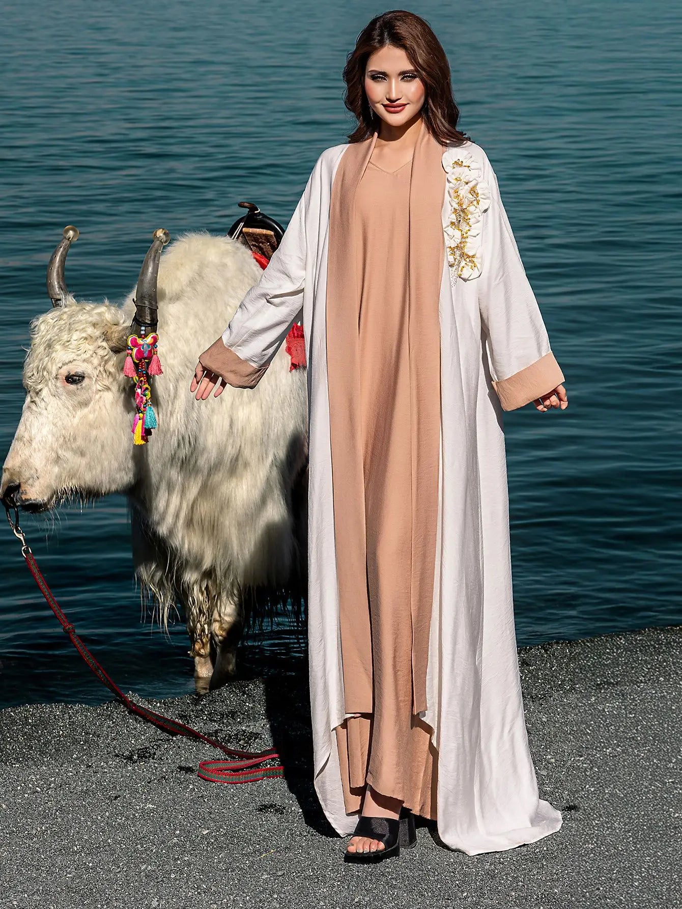 Ramadan Eid White Kimono 2 Piece Abaya Damen Dubai Luxury Set Islam Muslim Modest Dress Women Kebaya Kaftan Robe Femme Musulman.