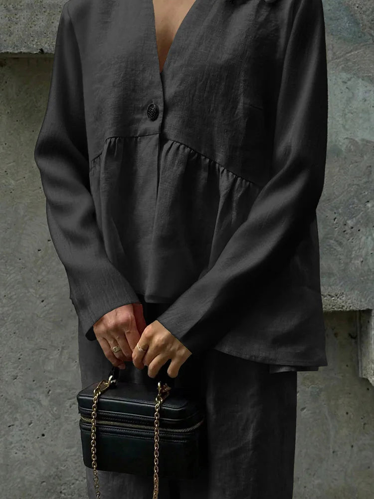 Summer Vacation Solid Color Simple Outfits Elegant V-neck Long Sleeve Tops&Wide Leg Pants Sets Fashion Loose Women's Commute Set.