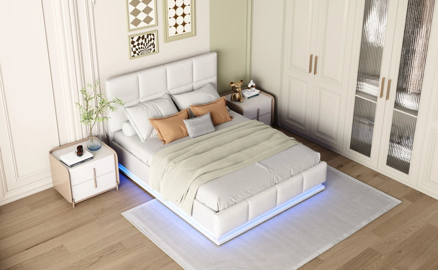 Weißes Polsterbett aus PU-Leder, 140 x 200 cm, Doppelbett mit LED-Beleuchtung, Stauraum unter dem Bett, Bettrahmen mit Lattenrost