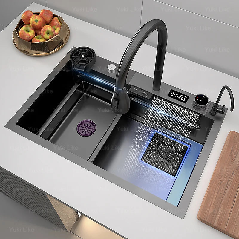 Edelstahl Küchen spüle Digital anzeige großes Single Slot hotel Multifunktion waschbecken mit Wasserfall Wasserhahn Wohnung