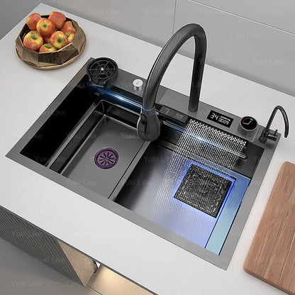 Edelstahl Küchen spüle Digital anzeige großes Single Slot hotel Multifunktion waschbecken mit Wasserfall Wasserhahn Wohnung