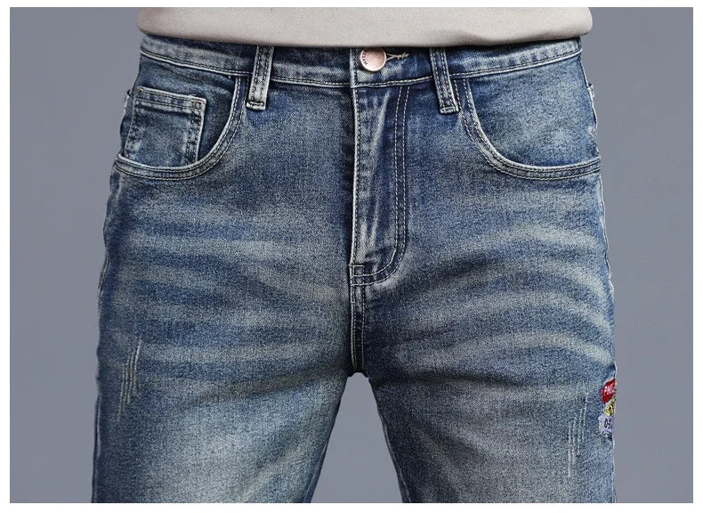 New Men's Vintage Jeans Korean Fashion Slim Little Feet Embroidered Trousers Stretch Male Streetwear Denim Pants.