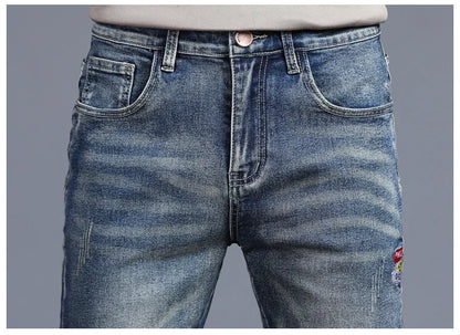 New Men's Vintage Jeans Korean Fashion Slim Little Feet Embroidered Trousers Stretch Male Streetwear Denim Pants.