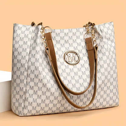 Vintage Geometric Tote Bag Synthetic Leather Letter "M" Design for Women Handbag Shoulder Bag Large Capacity Shopping Travel Bag.