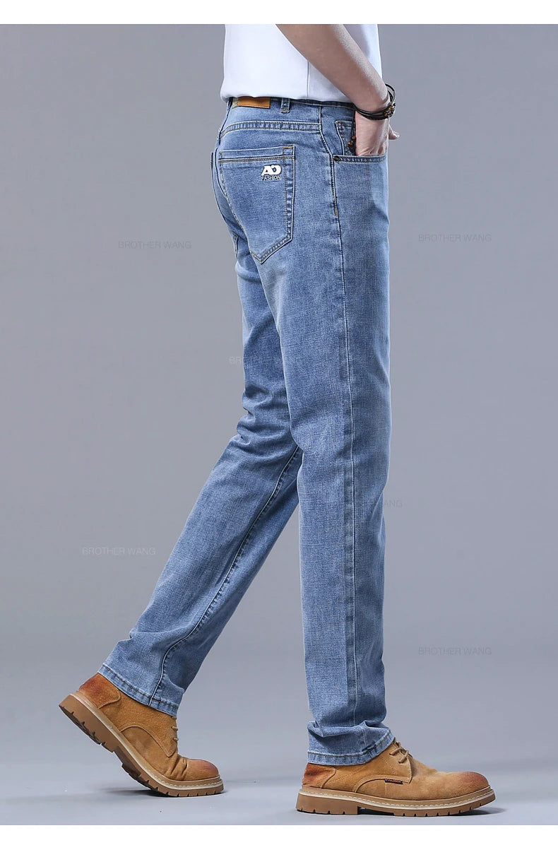Spring Men's Light Blue Slim Jeans Stylish Casual Stretch Fabric Denim Pants Classic Trousers Smoke Gray.