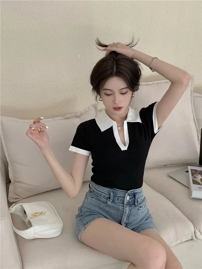 Jielur Spell Color Polo Knitting Women's Blouses Slim Sexy Short Sleeve Summer New Casual Female Blouse Chic Simple Office Lady