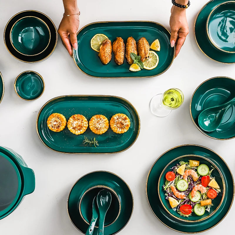 High-end Green Ceramic Plate Home Porcelain Dinner Plate Exquisite Ceramic Bowl Custom Large Size Fish Plate Kitchen Accessories.