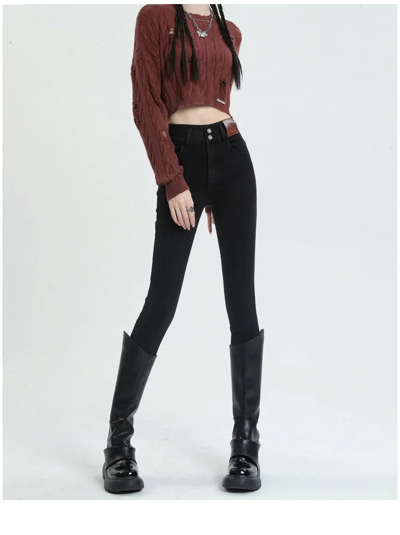 Spring Autumn 2024 New Style High-Waisted Black Jeans Women's Versatile Elastic Slimming Pencil Pants Fashionable Chinese Style.
