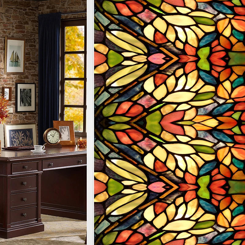 Colorful Retro Flower Bird Window Film PVC Electrostatic Glass Stickers Stained Window Films Static Cling Frosted Glass Film.