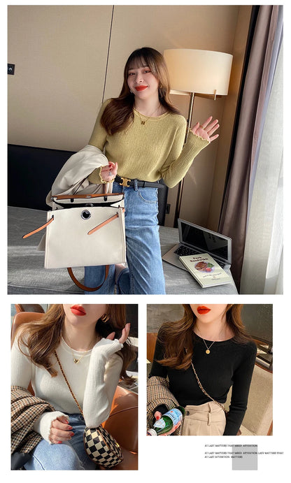 2025Oansatz Rippen Langarm Koreanische Dünne Weibliche Pullover Frauen Pullover Stricken Weiche Jumper Tops Geraffte Herbst Winter Tops.