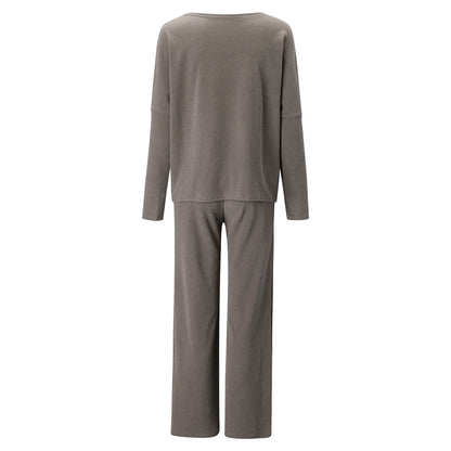 New Women's 2pcs Clothes Set Solid Color Round Neck Long Sleeve Casual Top & Loose Wide Leg Pants Home Wear.