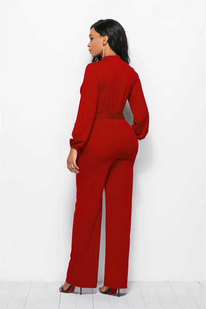 Temperament Solid Color Slim Jumpsuits Women Fashion Long Sleeve Buttons High Waist Leace-up Jumpsuit Ladies Commuting Clothing.