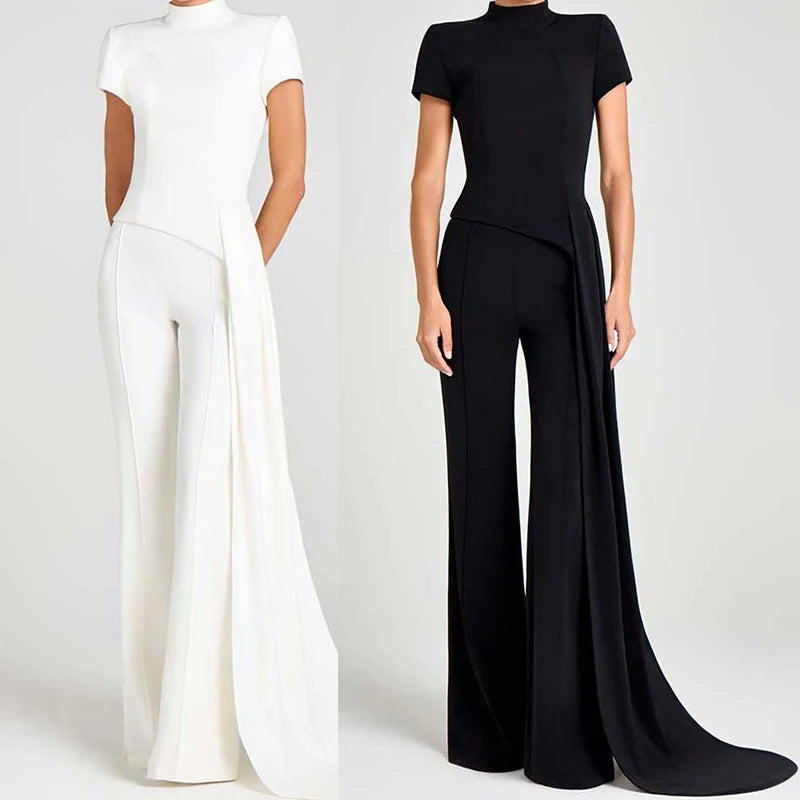 Simple Solid High Waist Straight Suit Office Elegant Party Outfit Women's Stand Collar Short Sleeved Top and Pants Two Piece Set.