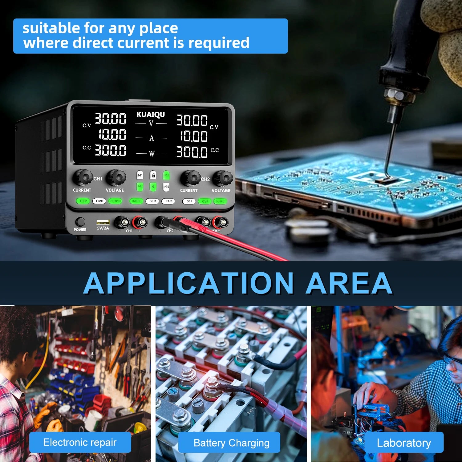 KUAIQU Newest 30V10A Dual Channel Bench Power Supply 3-Way Series-Parallel Output Overvoltage Overcurrent Protection Laboratory.