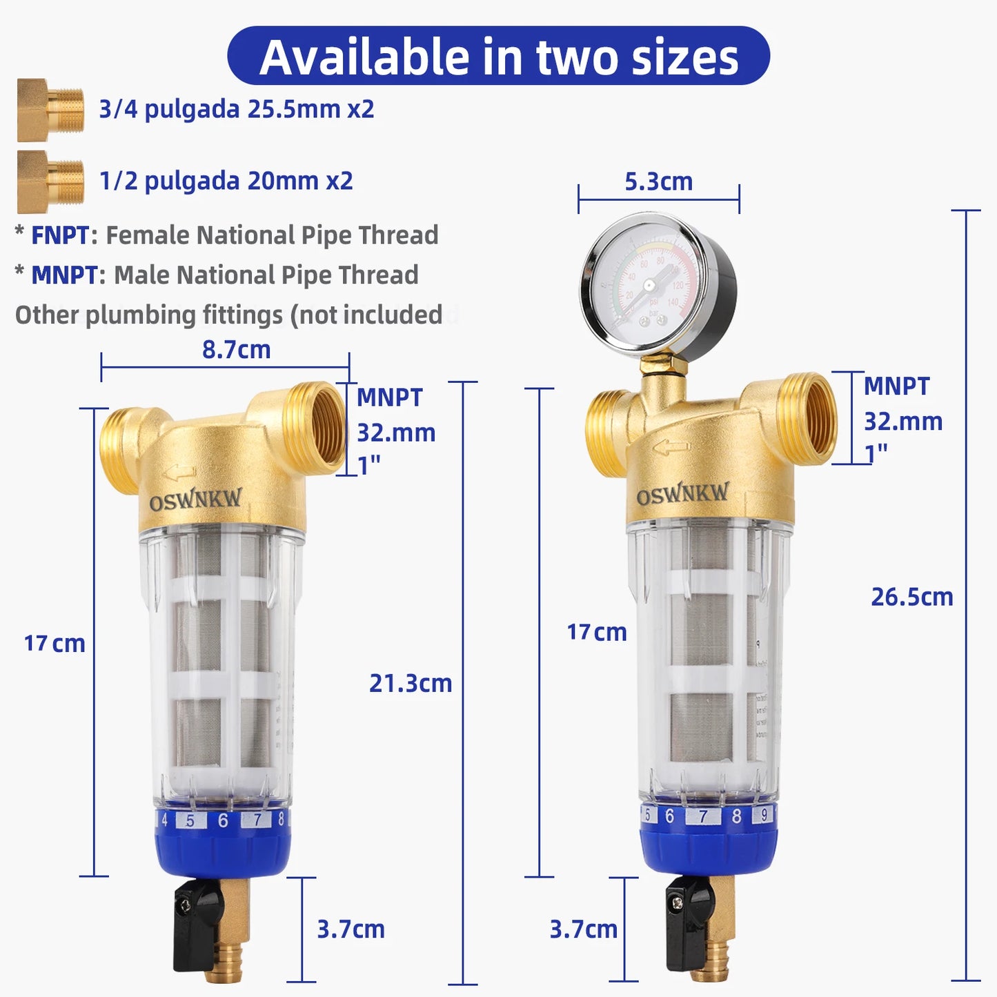 OSWNKW-05 Pre Filter Purifier Whole House Spin Down Sediment Water Filter Central Prefilter System Backwash Stainless Steel Mesh.