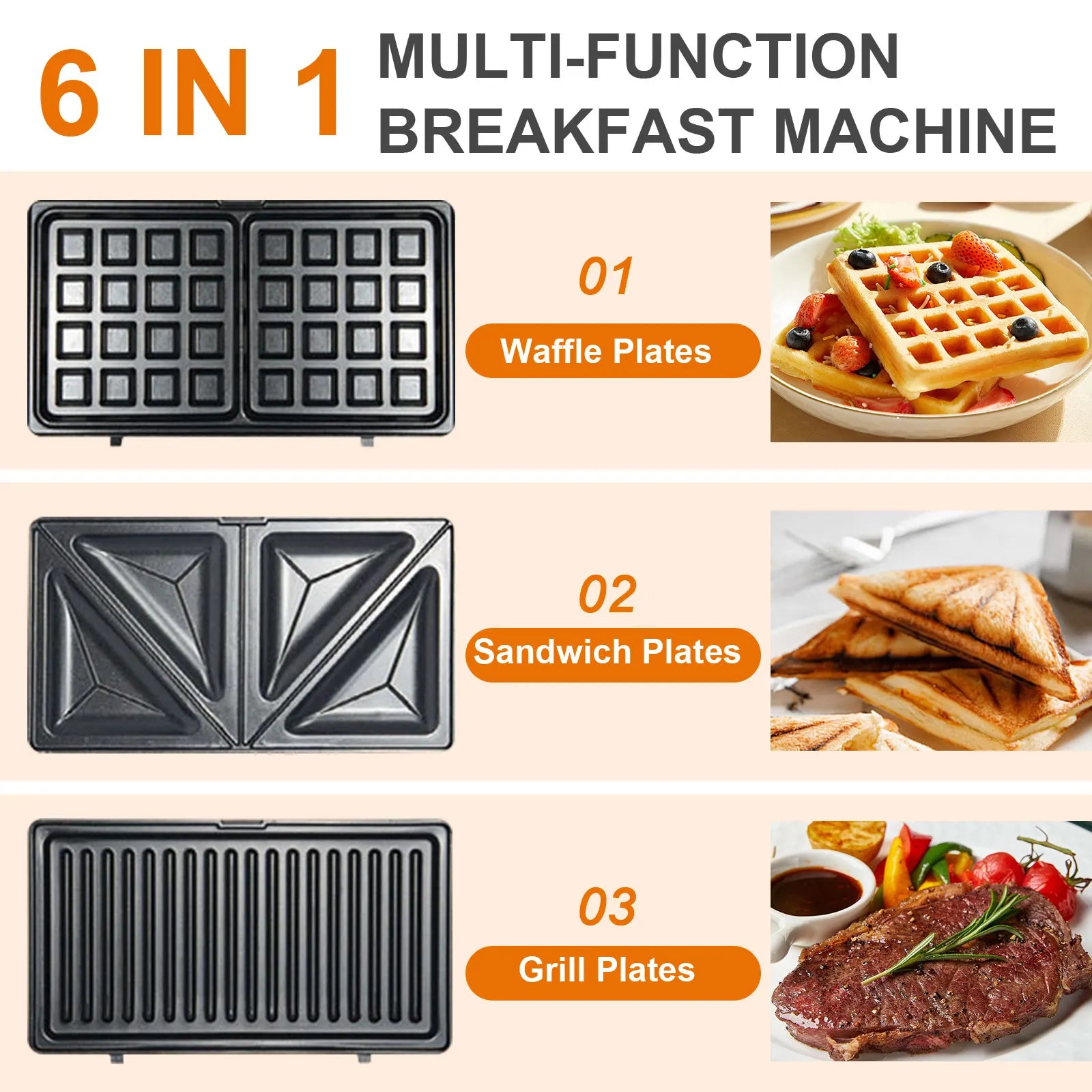 Sandwich Maker 6 in 1 Waffle Maker 750 W Sandwich Toaster with 6 Removable Non-Stick Grill Plates Waffle Iron Breakfast Machine.