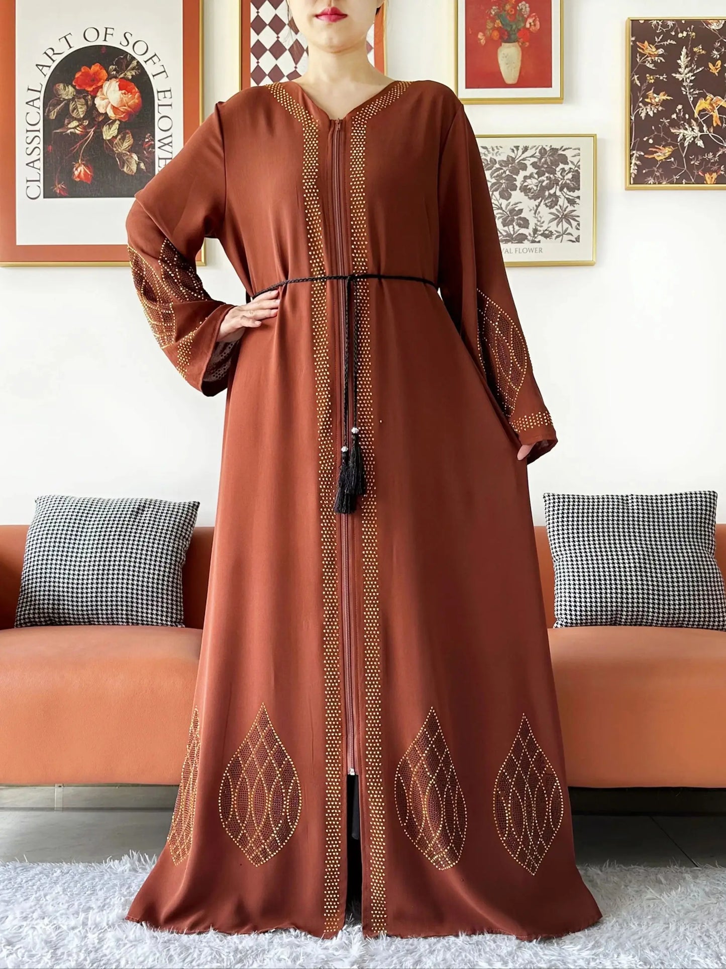 Elegant Women's Party Dress Chiffon Loose Open Zipper Abaya Muslim Islamic Clothing Cardigan Style for Special Occasions.
