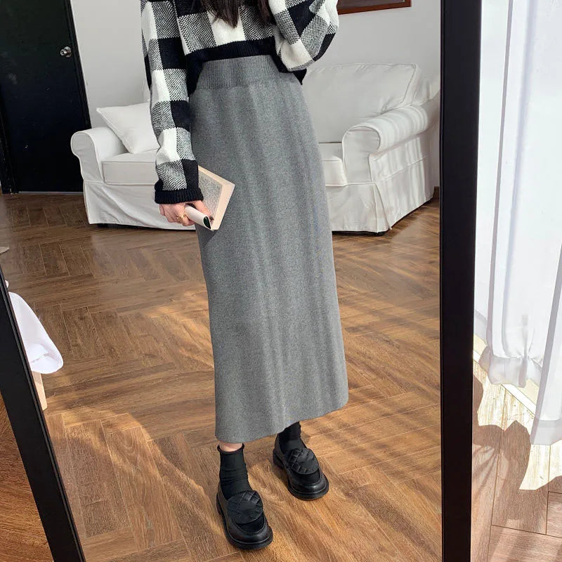Temperament Black Slim Fit Long Skirt Women High Waist Knitted Straight One-Step Skirt Korean Fashion Office Lady Pencil Skirts.