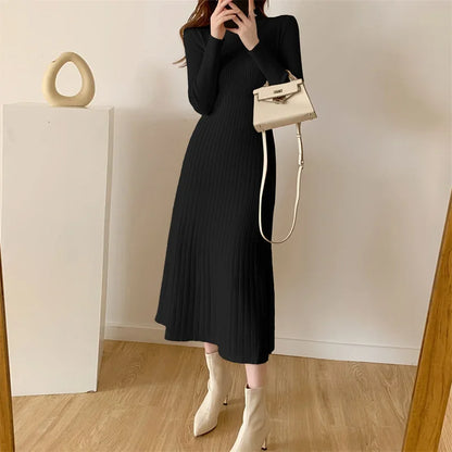 Herbst Winter 2023 Schlank Langarm Party Midi Kleid für Frauen Gestrickte Halb Hohen Kragen Elegante Gestrickte Pullover Kleider Damen