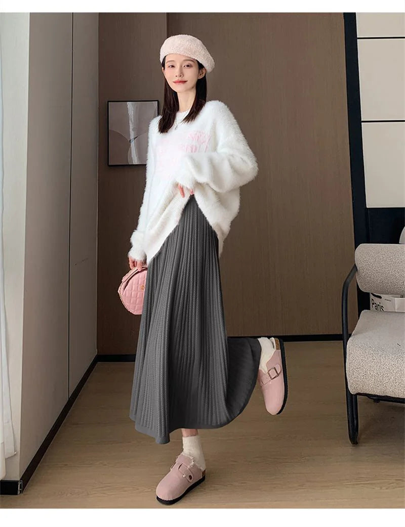 Sweet Vintage Knitted Long Skirts Women Preppy Style High Waist Loose A Line Skirts Fall Winter Retro Simple Elegant Long Skirts.
