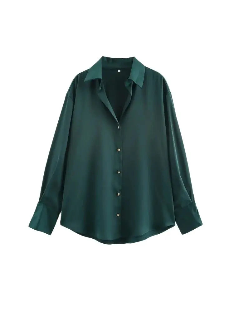 Women's Chic Lapel Collar Blouse Long Sleeve Button-Up Fashion Flowing Top Elegant Female Shirt Office.