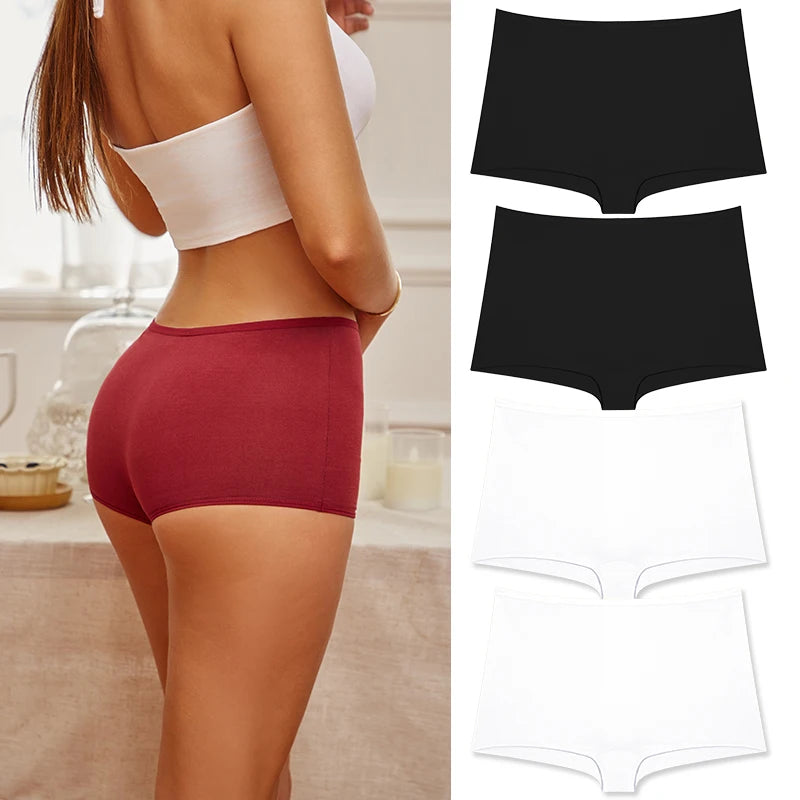 4PCS/Set Women Cotton Panties Sexy Low Rise Boyshorts Seamless Sports Boxers Female Comfortable Underwear Solid Color Lingerie.