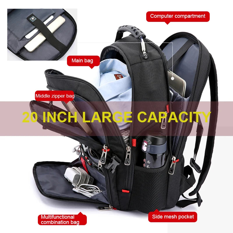 Wasserdichte 20-Zoll-Laptop-Rucksäcke USB-Lade Schultasche Diebstahlsicherer Herren-Rucksack Reiserucksack Männlicher Mochila Hohe Kapazität.