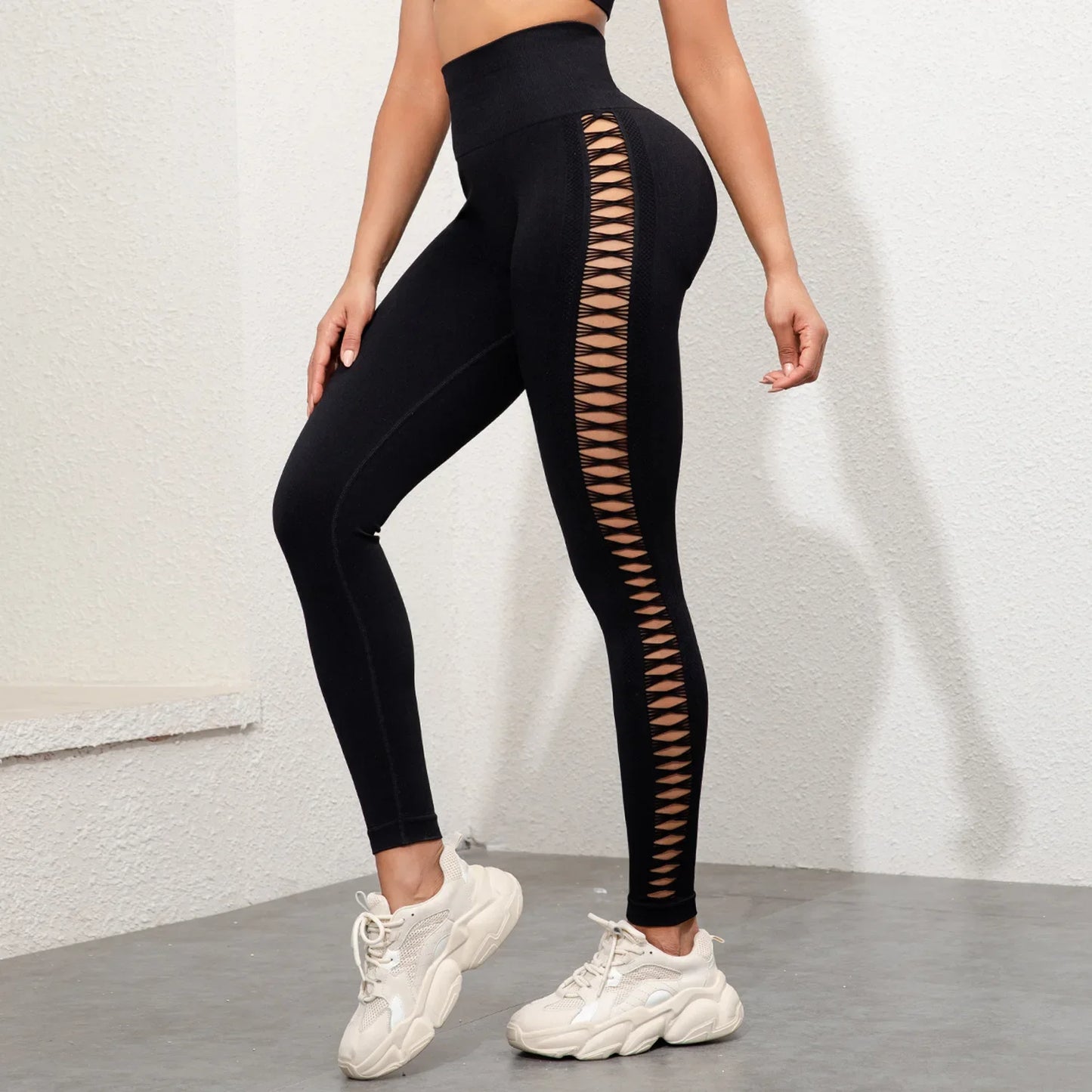 Hohe Taille, ausgehöhlte Yogahose, leichte, atmungsaktive Fitness-Sport-Leggings, Bauchkontrolle, Po-Lifting, Damenhose.