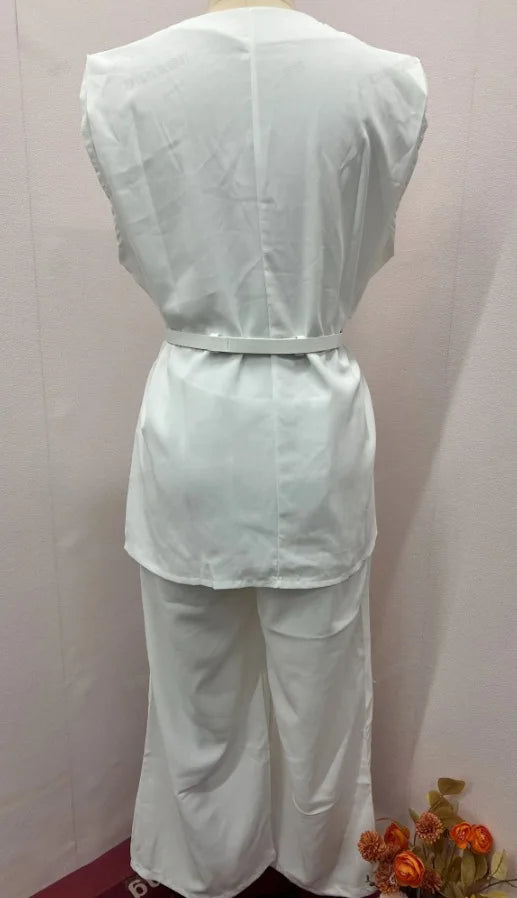 Women Women Piece Set High Waist Pocket Pant Sets Tops Solid Sleeveless Spliced Elegant Round Neck Top Suits Office Lady.