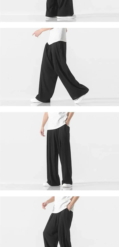 Hanfu Spirit Draped Linen Pants For Men Straight-leg Casual Trousers Chinese Style Loose-fit Ancient Wide-leg Song Trousers