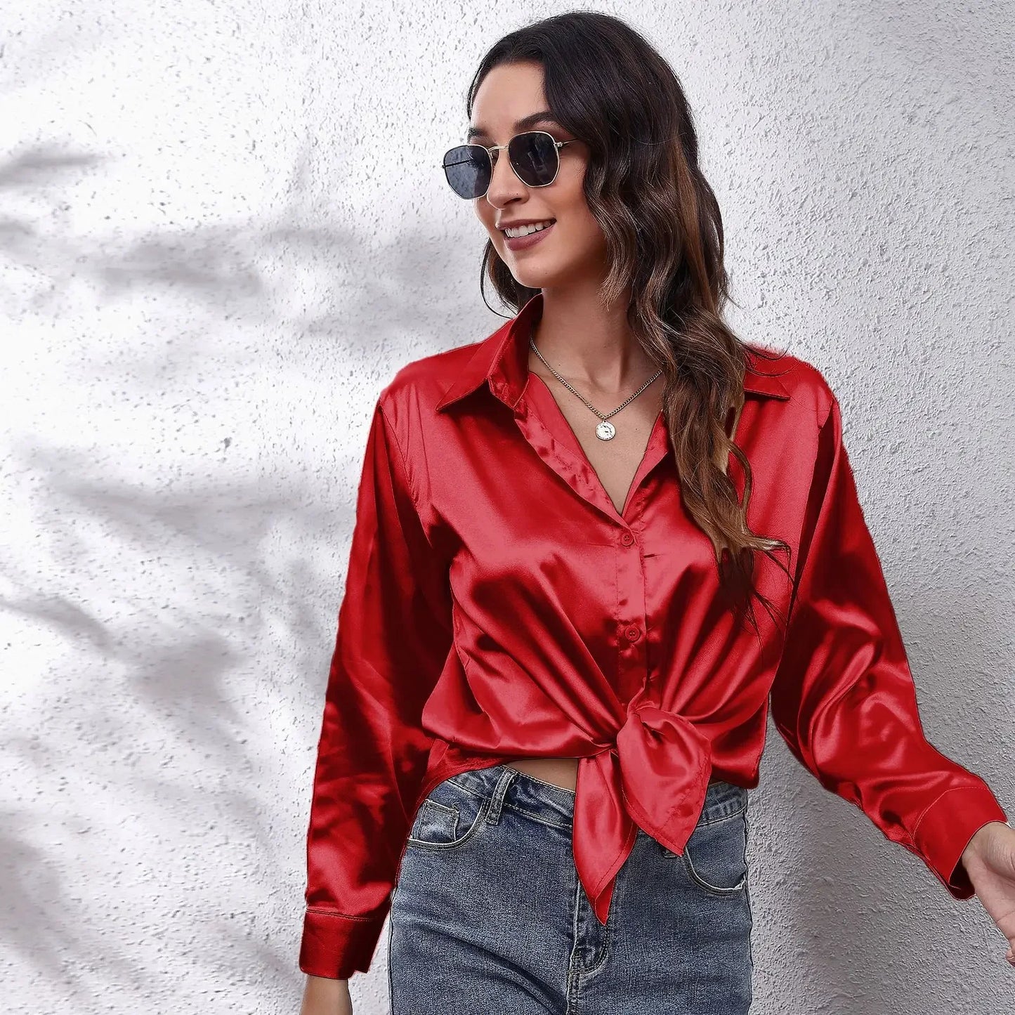 Autumn Women Solid Satin Shirt Long Sleeve Imitation Silk Loose Button Up Blouse Shirt Ladies Tops Fashion Clothing.
