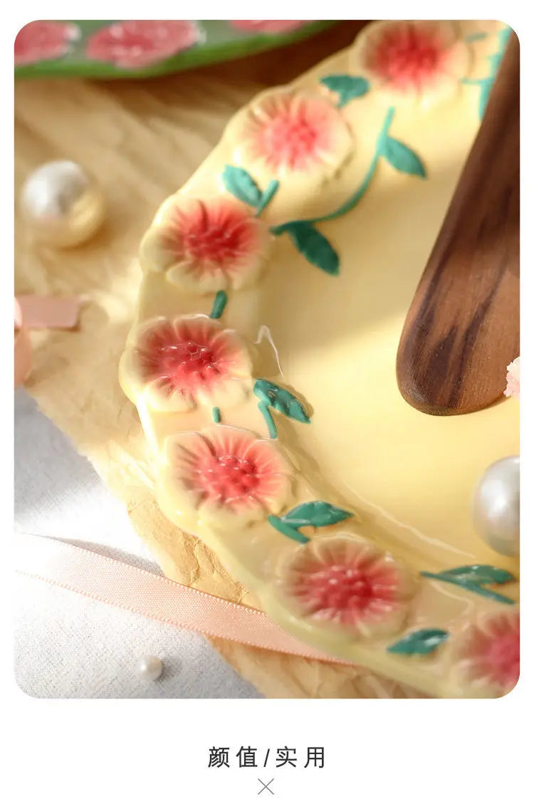 Flower Plate Embossed Small Flower Breakfast Dessert Plate Household Ceramic Plate Under Glaze Colored Hand-painted Tableware.