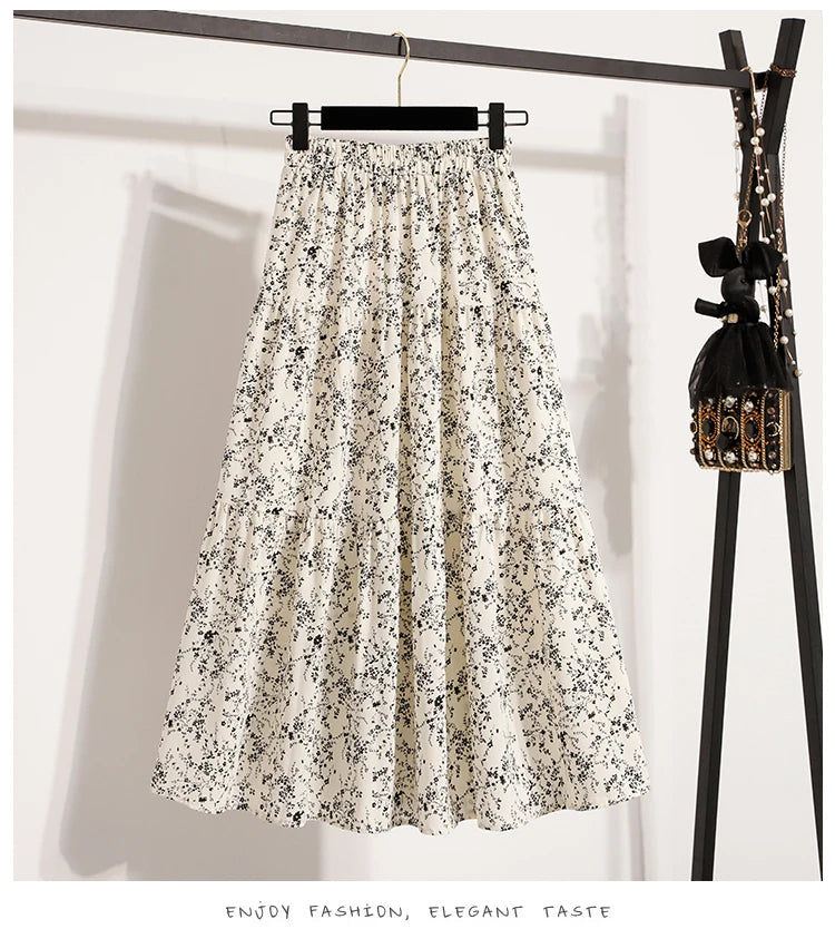 2025 Vintage Draped Elegant Chinese Style Women's Half-length Skirts Autumn Floral Pleated A- Line Skirt With Lining.