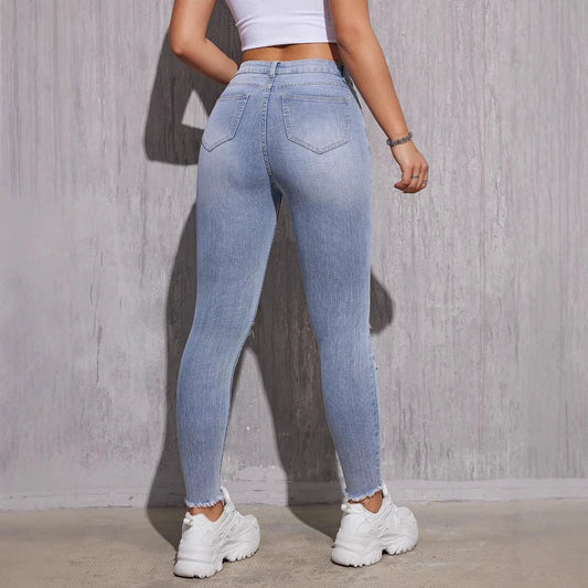 2025, Frühlings-Röhrenjeans mit hoher Taille für Damen – Stretch-zerrissene hellblaue Denim-Hose, knöchellange Slim-Fit-Freizeithose XS-XXL.