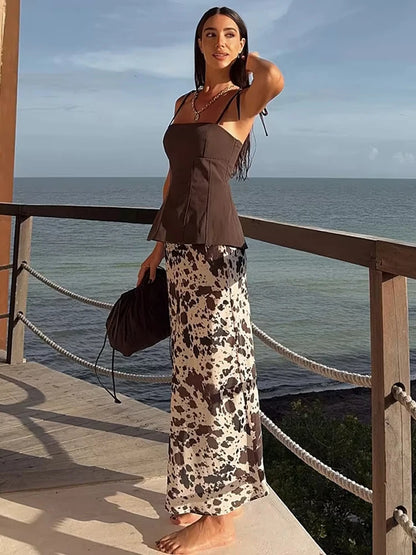 MUJER Print Satin Long Skirts for Women High Waist Midi Skirt Woman Spring Belt Women's Skirt Cylinder Vintage Women Skirt Sets.