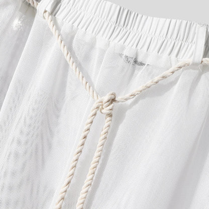 INCERUN Men Sets Mesh Patchwork See Through Sexy Short Sleeve Shirts & Pants Two Pieces Sets Streetwear 2025 Men's Casual Suits